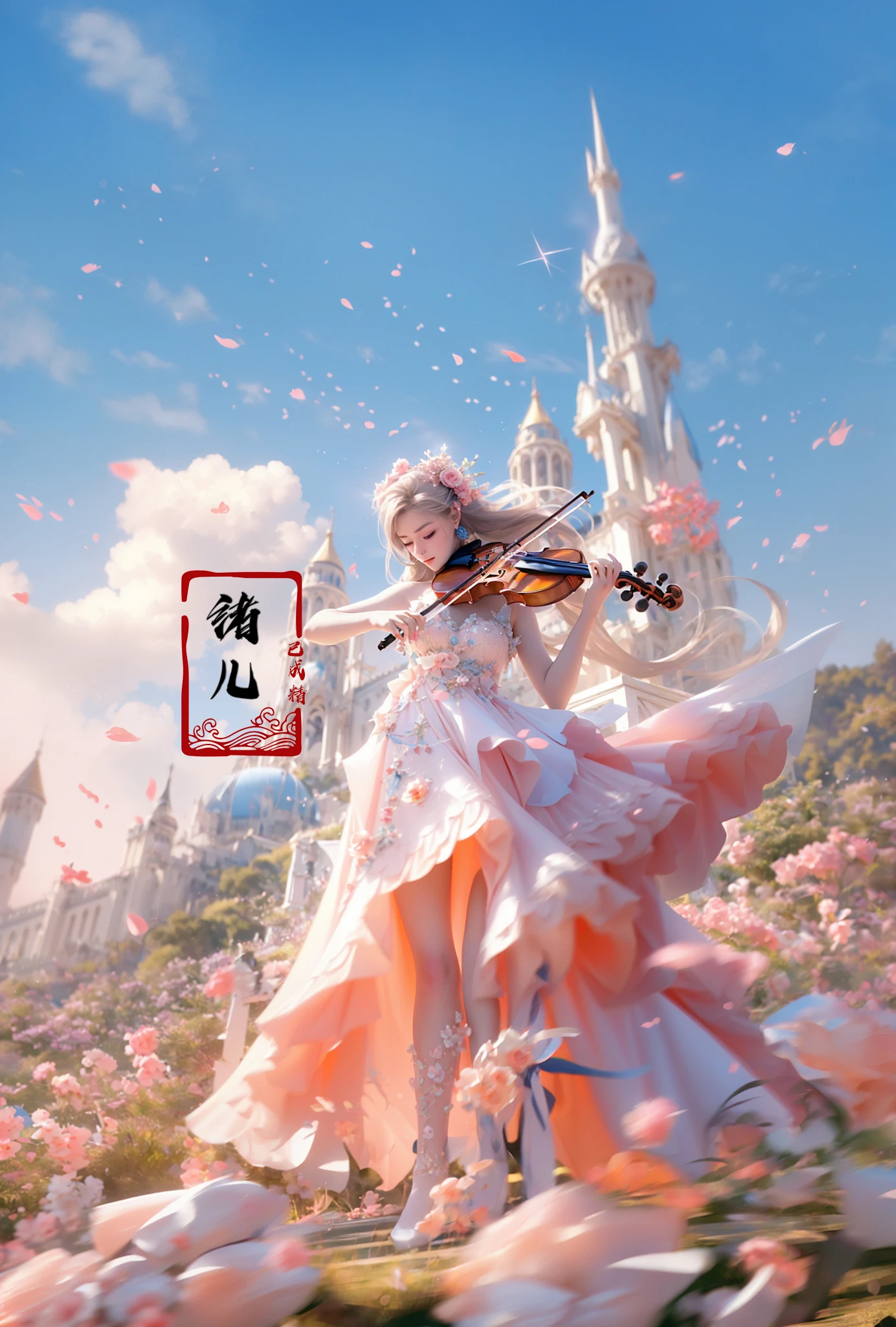 (A girl in a dress is in the air:1.3), playing a violin, (wide shot, wide-angle lens,Panoramic:1.2),super vista, super wide AngleLow Angle shooting, super wide lens, Castle background
violinbare shoulderspetalspink dressfrom belowblurry foreground 
(full body:1.5),(long legs:1.3), 
<lora:~Q?-\ct4 violin:0.8>