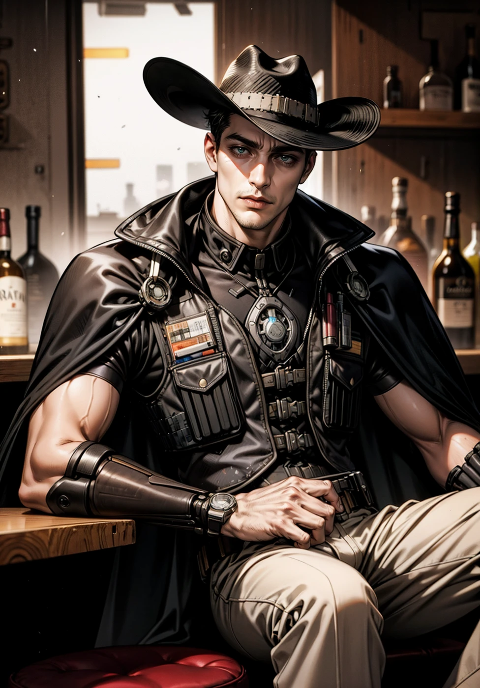 1boy, urban cowboy, cowboy hat, flowing cape, black bulletproof vest, dated, sitting in a bar, looking at viewer, whisky glass, lounging, relaxed, ashtray, 90s, bladerunner, mechanical arms, cyborg, cyberpunk, mechanical parts,