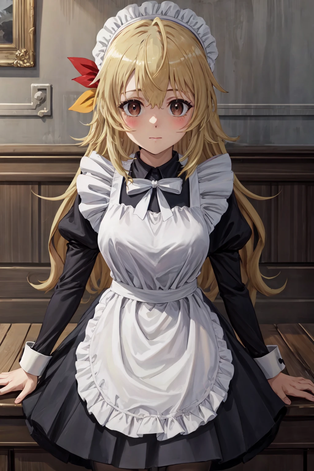 ((best quality, high quality, masterpiece, highres)), yifa, solo, 1girl, blush, maid, hair ribbon, white bow, long sleeves, cowboy shot, looking at viewer, <lora:yifa:0.8>