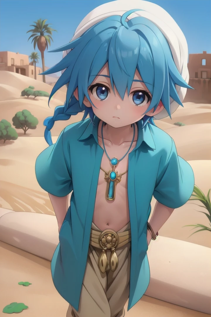 <lora:aladdinsd:0.6>
standing in desert town,  magi_aladdin, solo, looking at viewer, 1boy, hat, blue hair, male focus, close-up, turban, wearing a flute as pendant around his neck,