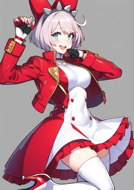 <lora:elphelt_valentine:0.7> elphelt, 1girl, solo, breasts, looking at viewer, smile, short hair, open mouth, blue eyes, simple background, thighhighs, gloves, white background, dress, medium breasts, jacket, grey hair, boots, frills, black gloves, fingerless gloves, white dress, high heels, thigh strap, thigh boots, frilled dress, red footwear, red jacket, high heel boots, pink footwear