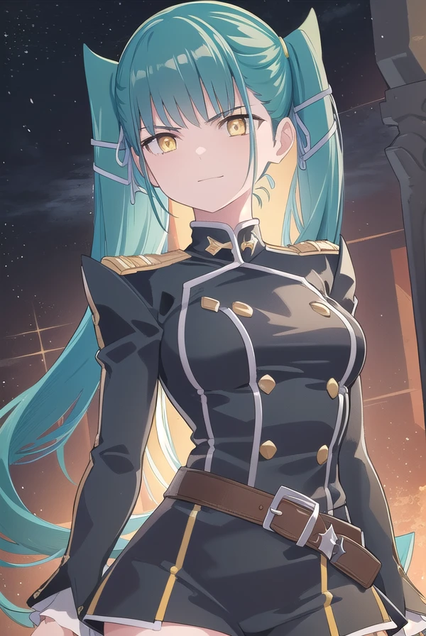 yachihoazuma, <lora:yachiho azuma manga-lora-nochekaiser:1>,
yachiho azuma, long hair, twintails, hair ribbon, (aqua hair:1.5), (yellow eyes:1.5), smile, smirk,
BREAK thighhighs, gloves, jewelry, earrings, boots, shorts, belt, uniform, military, military uniform, thigh boots, epaulettes, black military uniform,
BREAK outdoors, space, starry sky, star \(sky\), moon,
BREAK looking at viewer, (cowboy shot:1.5),
BREAK <lyco:GoodHands-beta2:1>, (masterpiece:1.2), best quality, high resolution, unity 8k wallpaper, (illustration:0.8), (beautiful detailed eyes:1.6), extremely detailed face, perfect lighting, extremely detailed CG, (perfect hands, perfect anatomy),