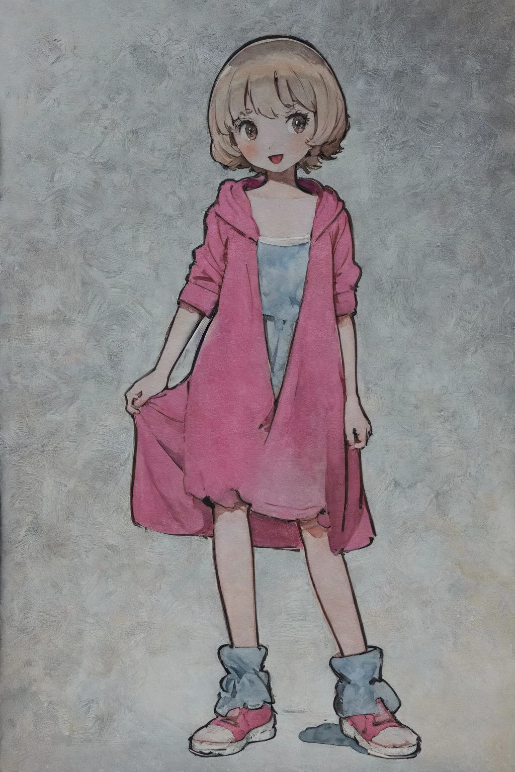 watercolor \(medium\), marker \(medium\),  solo, 1girl, standing, happy, looking at viewer,  <lora:osamu_tezuka_style_v02:1>