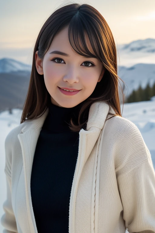 19 year old Japanese woman, women pictures, slender body shape, double eyelid, smile, full length, At the ski resort、