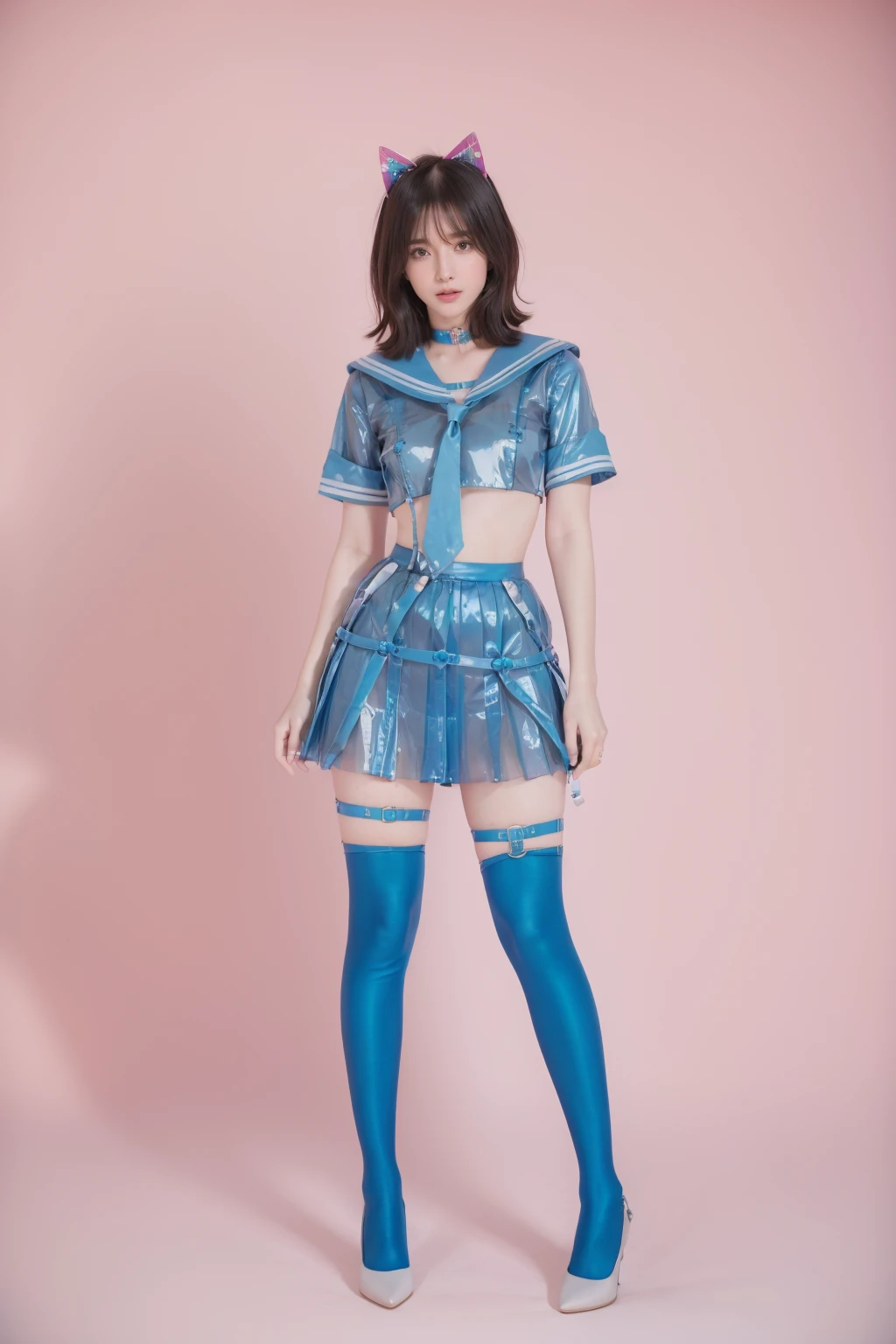 1girl,<lora:GoodHands-beta2:1>,front view,stiletto heels,<lora:detail_slider_v4:0.9>,full body,(((standing))),<lora:thicc_v2.3èº«æç®¡ç:1.5>,(((pink background))),hime style,straight hair,(hime cut:1.3),((blunted bangs,draped hair,cascading hair,flowing hair)),solo,<lora:blue suit_v1:0.6>,thighhighs,cat ears,blue sailor collar,sailor collar,blue legwear,animal_ears,fake_animal_ears,choker,navel,thigh_strap,thighhighs,thong,panties,((blue_skirt)),pleated_skirt,, (Low Angle shooting, super wide lens:1.1), (dramatic, gritty, intense:1.4),(full body:1.7), (long legsskinny legs:1.5), (Milky skin, shiny skin:1.5), Best quality, masterpiece, ultra high res, (photorealistic:1.4), 8K raw photo, (fractal art:1.4), highly detailed, official art, flawless, exquisite details and textures, high quality texture, detailed texture, intricate details, delicate and beautiful, 8K wallpaper, DSLR, natural lighting, dynamic lighting, professional lighting, realistic shadow, natural shading, soft lighting, cinematic lighting, photon mapping, depth of field, HDR, (sharp focus), 1girl, pretty girl, supermodel, extremely detailed face, beautiful elegant face, realistic face, goddess aura, a face of perfect proportion, slender face, symmetric eyes, finely detailed beautiful eyes, brown eyes, (thin lips:1.4),blunt bangs, (wavy hair),(short hair:1.4), realistic hair, realistic skin texture, slim waist, thigh_gap, perfect anatomy, realistic body, skinny slender fit body, beautiful detailed thigh, human body ratio, perfect body proportions, curvy body, beautiful legs, (long legs:1.3)