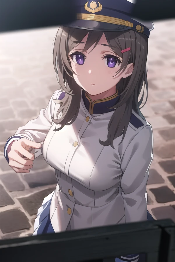 chinamoeka, <lora:china moeka s1-lora-nochekaiser:1>,
china moeka, long hair, brown hair, (purple eyes:1.1),
BREAK hair ornament, hat, hairclip, uniform, military, military uniform, peaked cap, naval uniform, (white uniform:1.5),
BREAK outdoors, ship, navy,
BREAK looking at viewer, (cowboy shot:1.5),
BREAK <lyco:GoodHands-beta2:1>, (masterpiece:1.2), best quality, high resolution, unity 8k wallpaper, (illustration:0.8), (beautiful detailed eyes:1.6), extremely detailed face, perfect lighting, extremely detailed CG, (perfect hands, perfect anatomy),