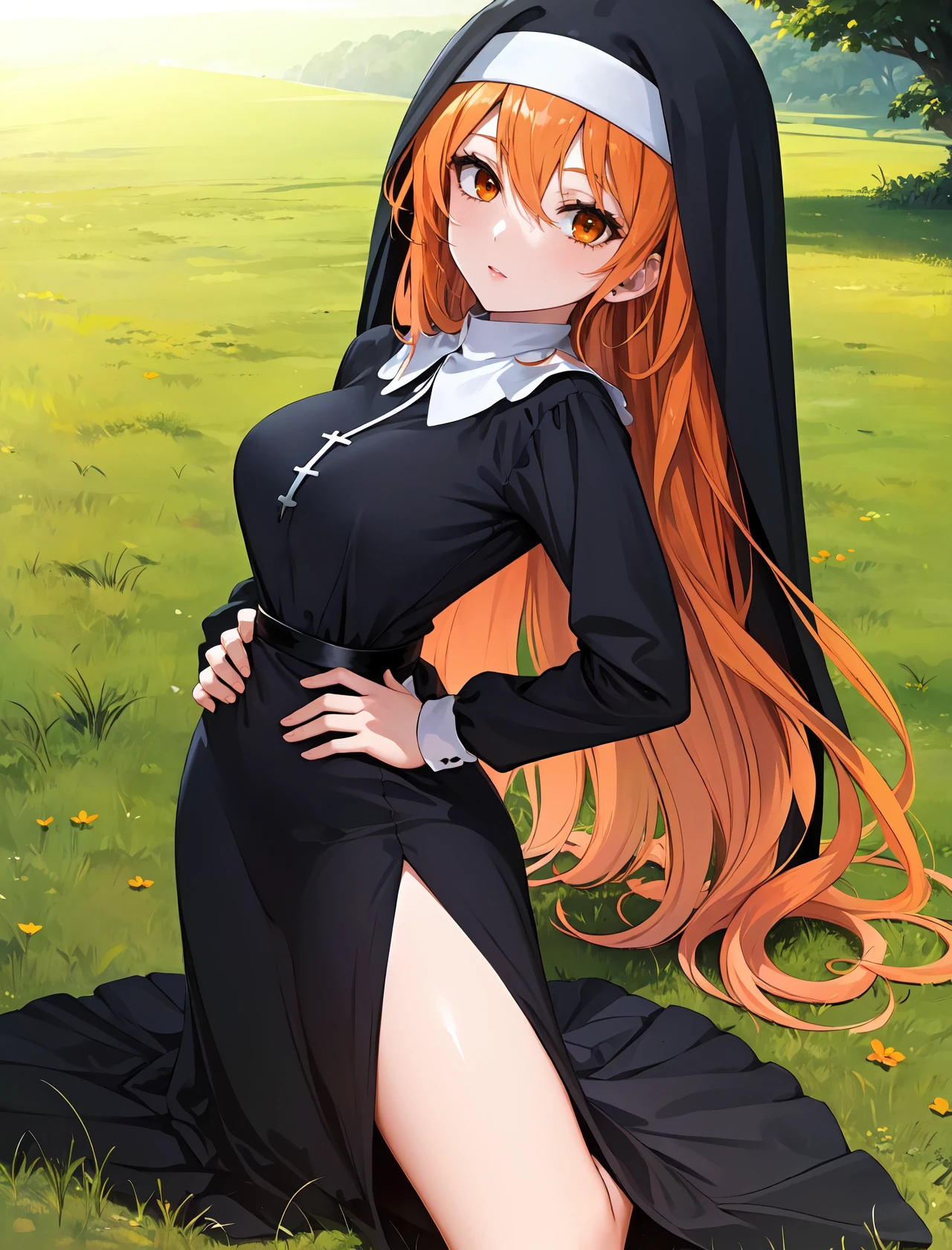 masterpiece, best quality, outdoors, field, grass, forest,
1girl, solo, looking at viewer, kneeling, on kness, head tilt, breasts, orange hair, orange eyes, very long hair, wavy hair, large breasts, long sleeves, hair between eyes, eyes visible through hair, nun, habit, nun, habit, dress, black dress, long dress, catholic, leaning back, hands on hips, 
<lora:Concept_Nun:1>, <lora:CosmicEyes:1>
