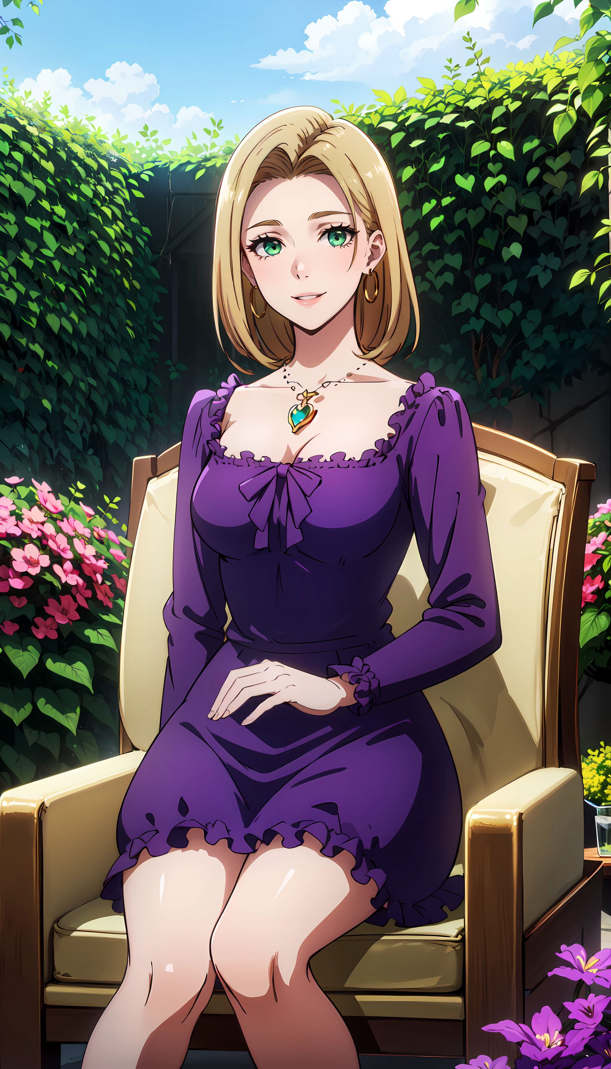 photorealistic, (4k), depth of field, (Masterpiece), (realistic skin texture), extremely detailed, intricate, hyper detailed, high resolution, sharp detail, best quality, woman, <lora:Diana_Barbatos-000004:0.7> , purple dress, blonde hair, green eyes, gold necklace, earrings, flower garden, hedges, outdoors, park, sitting with elbows on knees ,