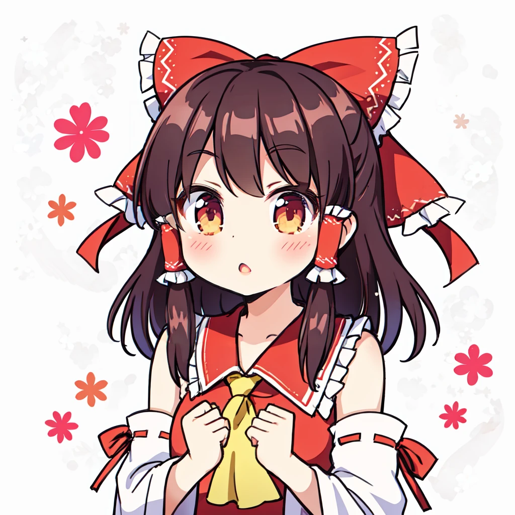 hakurei reimu,
<lora:ganbaruzoi-v4:1>ganbaruzoi, clenched hands, open mouth, upper body, looking at viewer, :o , floral background,