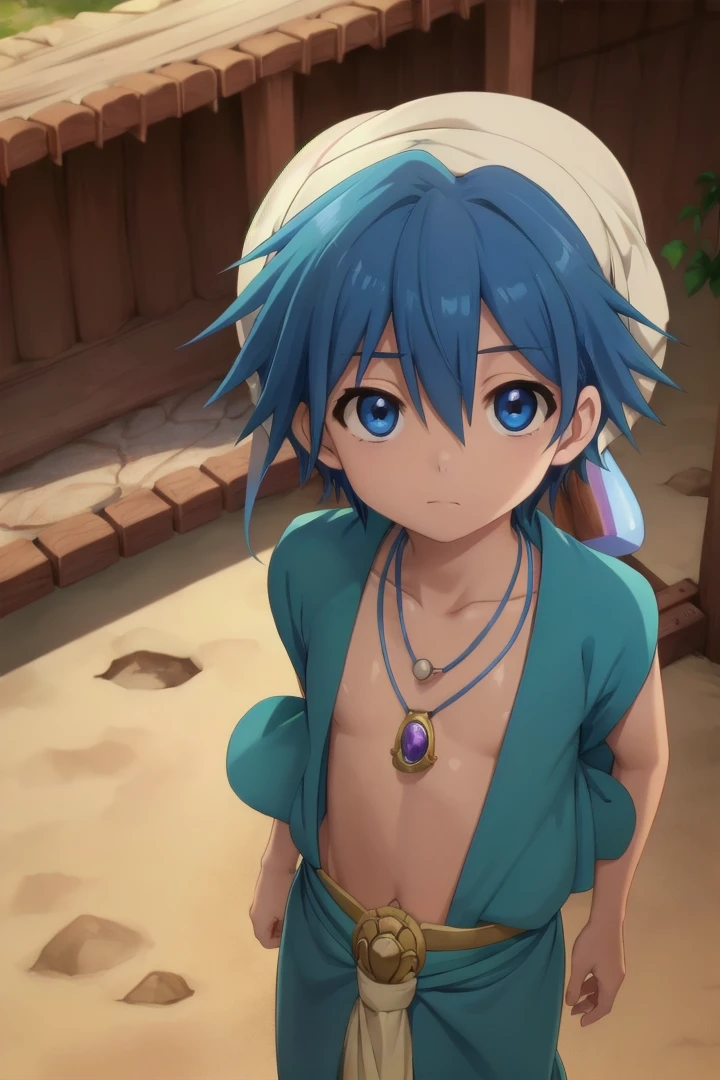 <lora:aladdinsd:0.6>
standing in desert town,  magi_aladdin, solo, looking at viewer, 1boy, hat, blue hair, male focus, close-up, turban, wearing a flute as pendant around his neck,