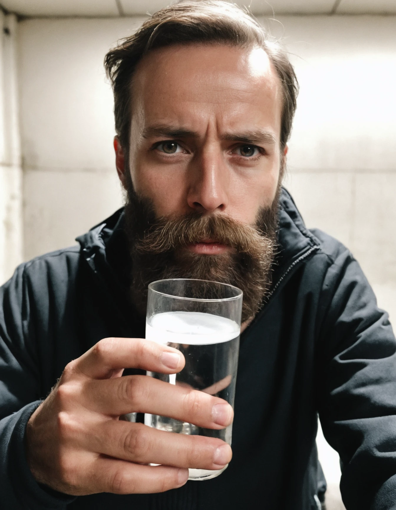 amateur cellphone photography man with beard with at drinking water reservoir, symmetrical face . f8.0, samsung galaxy, noise, jpeg artefacts, poor lighting, low light, underexposed, high contrast