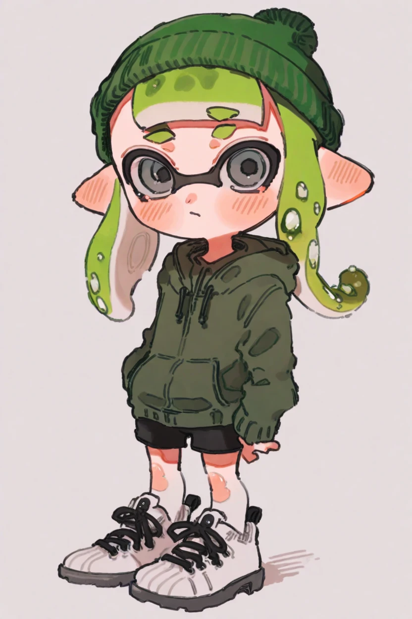 by kmgrn, 1girl, inkling girl, solo, best quality, white background, simple background, looking at viewer, standing, leaning forward, holding, light blush, pointy ears, closed mouth, grey eyes, green hair, tentacle hair, long hair, medium hair, blunt bangs, tears, jacket, white footwear, black shorts, shirt, adjusting clothes, sweater, dolphin shorts, black footwear, bike shorts, shoes, long sleeves, beanie, light frown, single vertical stripe, tearing up, bobblehat, sketch, green headwear, invisible chair, logo