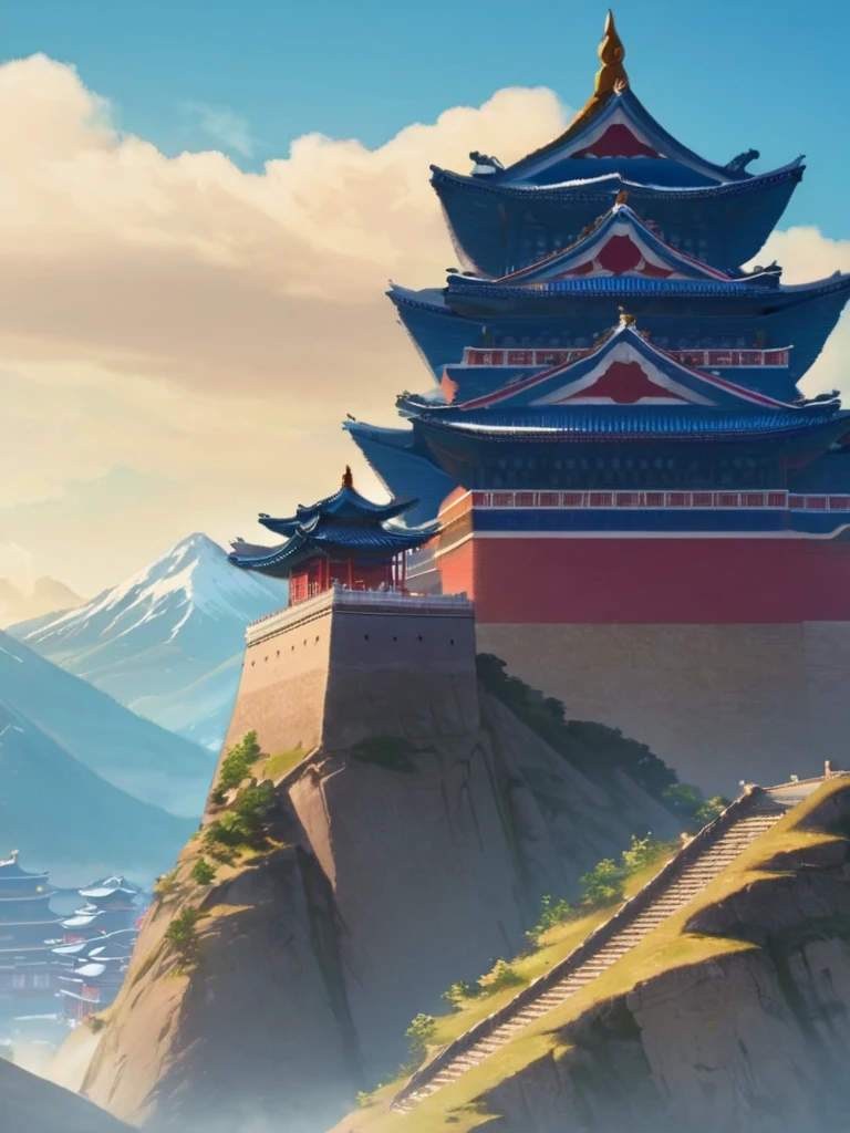 outdoors,sky,day,cloud,blue sky,no humans,building,scenery,mountain,architecture,east asian architecture <lora:BlueEyeSamurai:1>