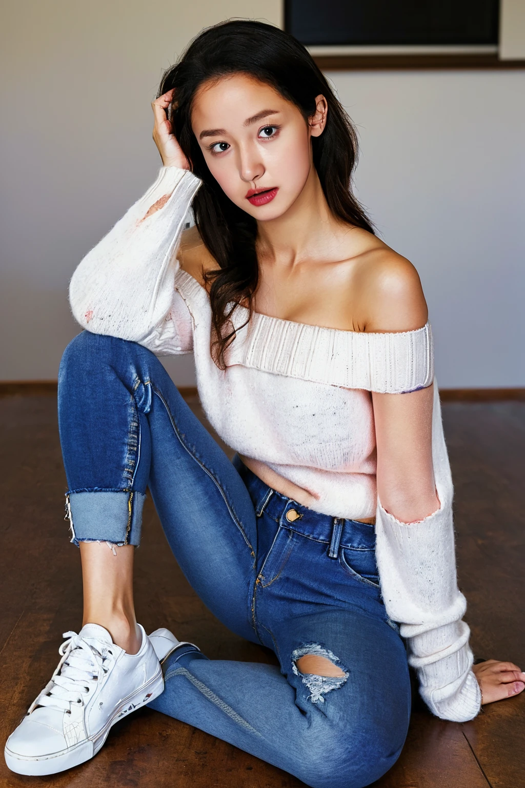 (masterpiece,best quality,ultra high res:1.2),(photo-realistic:1.3),skin texture,spring,
1girl,18yo,blush,<lora:Kaoru_Amane_sd15_0_-000004:1>,student,teenager,(Off-the-shoulder_sweater:1.4),(Distressed_jeans:1.3),(White_sneakers:1.2),
