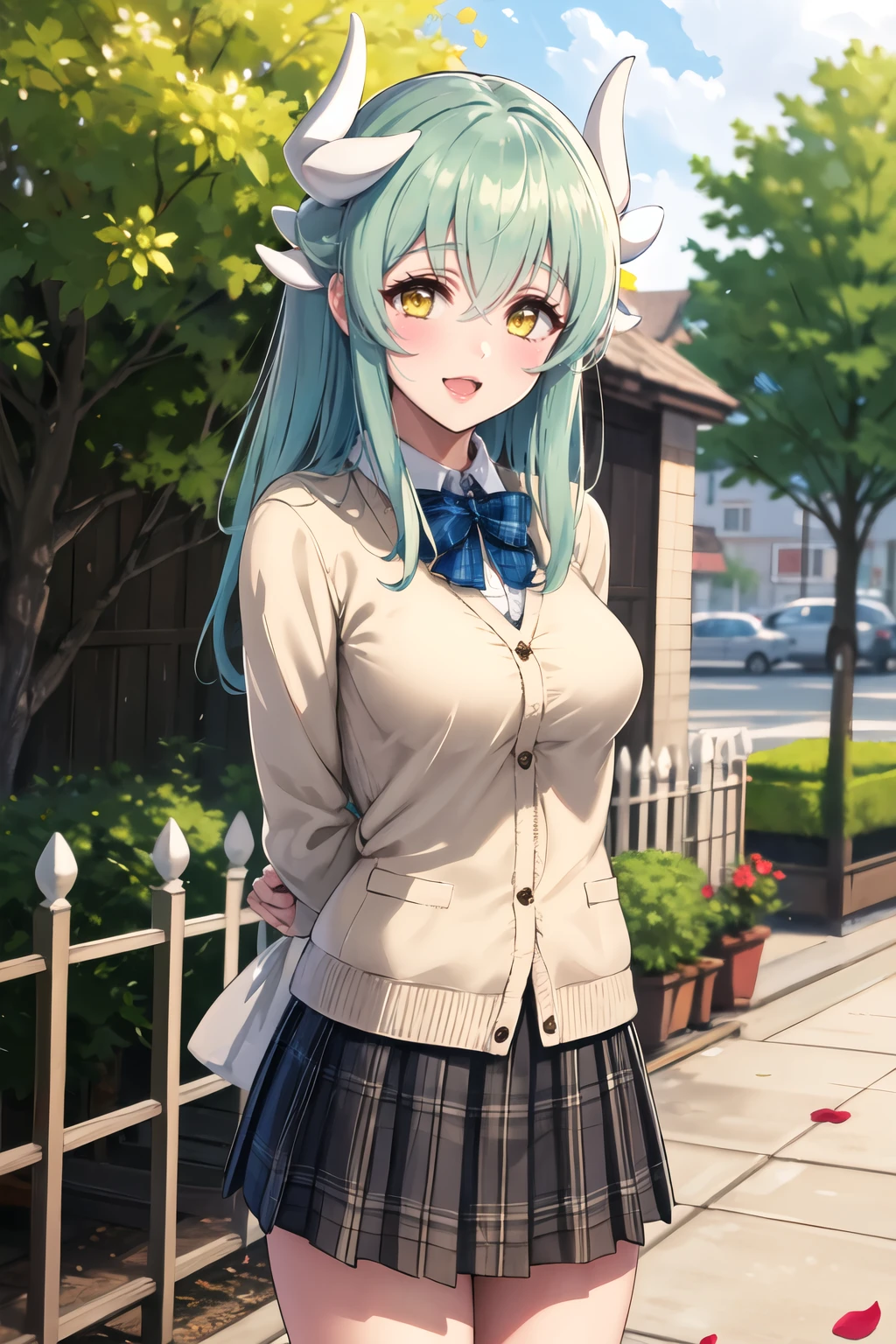 masterpiece, best quality, highres, aakiyo, long hair, green hair, white horns, hair bow, yellow bow, yellow eyes, <lora:kiyohime_(lancer)_v1:0.7>, cardigan, plaid skirt, arms behind back, smile, open mouth, petals, outdoors,<lora:JewelMilk-Style-v1_117442:1>