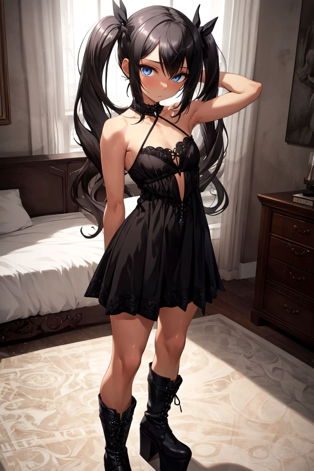 (masterpiece),(score_9,score_8_up,score_7_up),best quality, expressive eyes, perfect face, natural lighting, blurred background, 1girl, (purple eyes, swirly eyes), ((black hair, smooth hair, long hair)), (medium , wide thighs, slim waist), (black hairband, black off shoulder frilled dress, thigh-highs, garter straps, high heels, gothic makeup), ([blush], smirk, smug face, tease), (full body, front view, leaning front, hand over breaststive pose), (messy bedroom background)