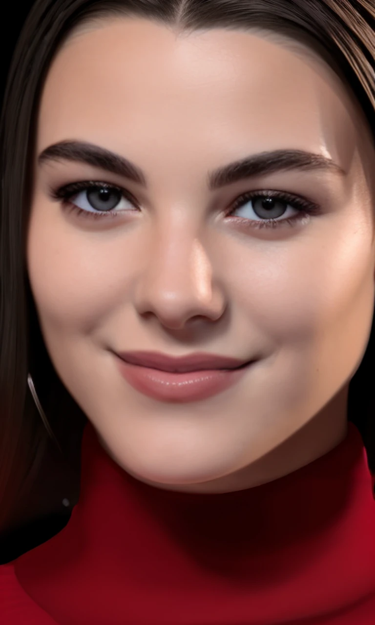kirak2023, 1 girl, brown hair, uhd, best quality, masterpiece, turtleneck, elegant, movie premiere, 5 fingers, closeup, dark hair, long hair, photorealistic, smile, raw image. cinematic lighting, closeup