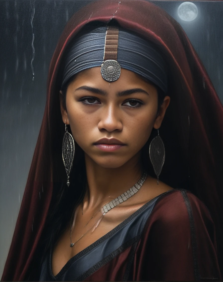 ZendayaMaree, portrait,close up of a Phenomenal [Moorish:Guatemalan:20] Girl, Cleaning, Silky Belts, Raining, split diopter, Ultrarealistic, Moonlit,  <lora:ZendayaMareeSDXL:1>