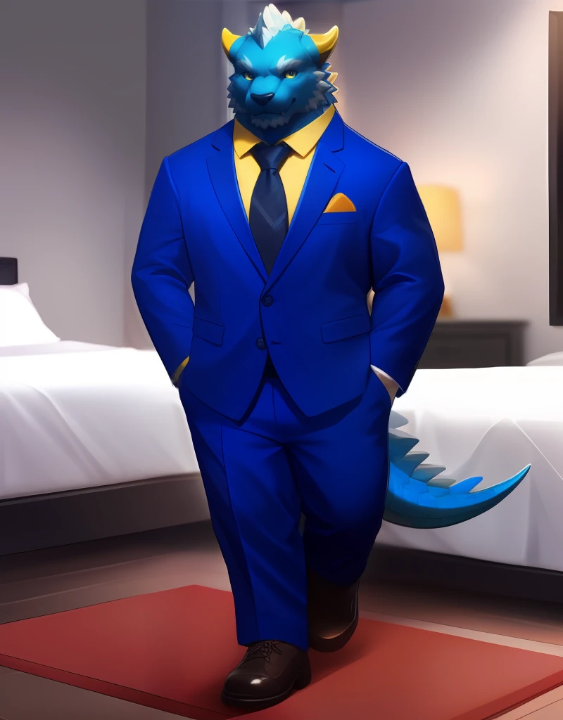 (((detailed eyes, detailed face))), (bara, cipactli <lora:character_cipactli_findigo_v2:0.9>, tail, bodypaint, black chest, black belly, yellow eyes), male, (plump, fat, chubby, overweight), (blue formal suit, blue jacket, blue pants, black necktie, shoes, yellow shirt, sleeves rolled up), standing, (arms behind back), smile BREAK (konzaburou, ukan_muri, anime style), bedroom, (soft shading), 8k, UHD, masterpiece
