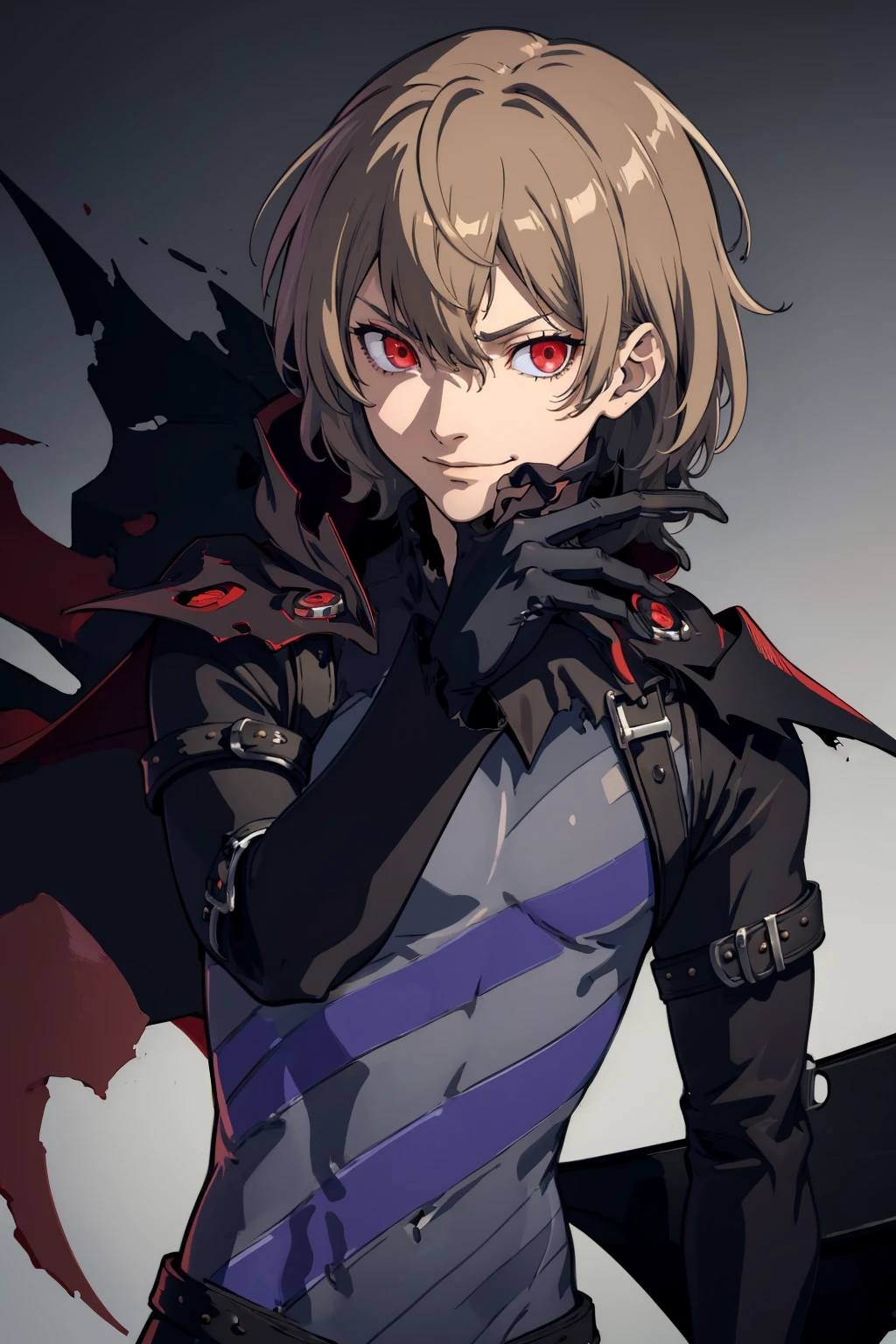 masterpiece, best quality, solo, 1boy, looking at viewer, smirk, <lora:Akechi_Fp:1>, akechids, bodysuit, armor, torn cape, striped, glowing eyes, hand on own face, black cape
