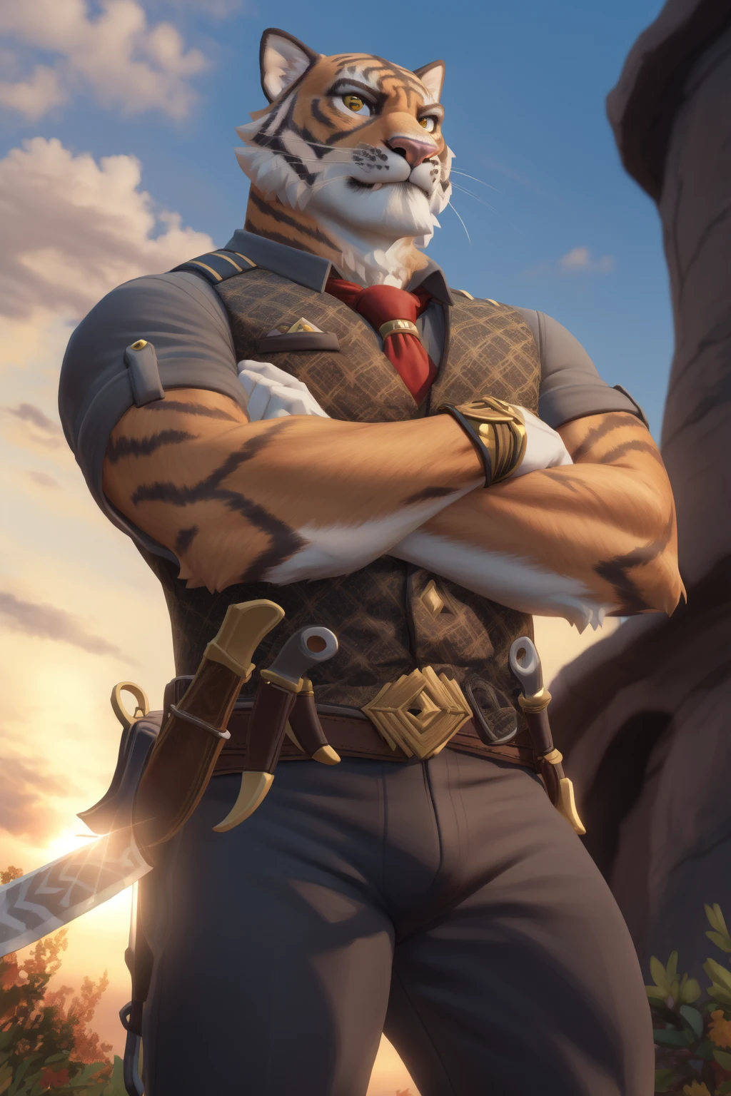 <lora:oscarV2-06:1>, oscarfn, yellow eyes, (tail:1.2), (posing:1.3), (soft shading), 4k, hi res, five fingers, detailed hands, ((detailed face, (detailed eyes:1.5), detailed)), by zackarry911, by zaush, (by personalami:0.5), short hair, 1boy, weapon, male focus, thighs, belt, pants, orange eyes, bodysuit, covered navel, feet out of frame, facial hair, thick thighs, crossed arms, from below, knife, skin tight, bulge, tight, two-tone fur, covered abs