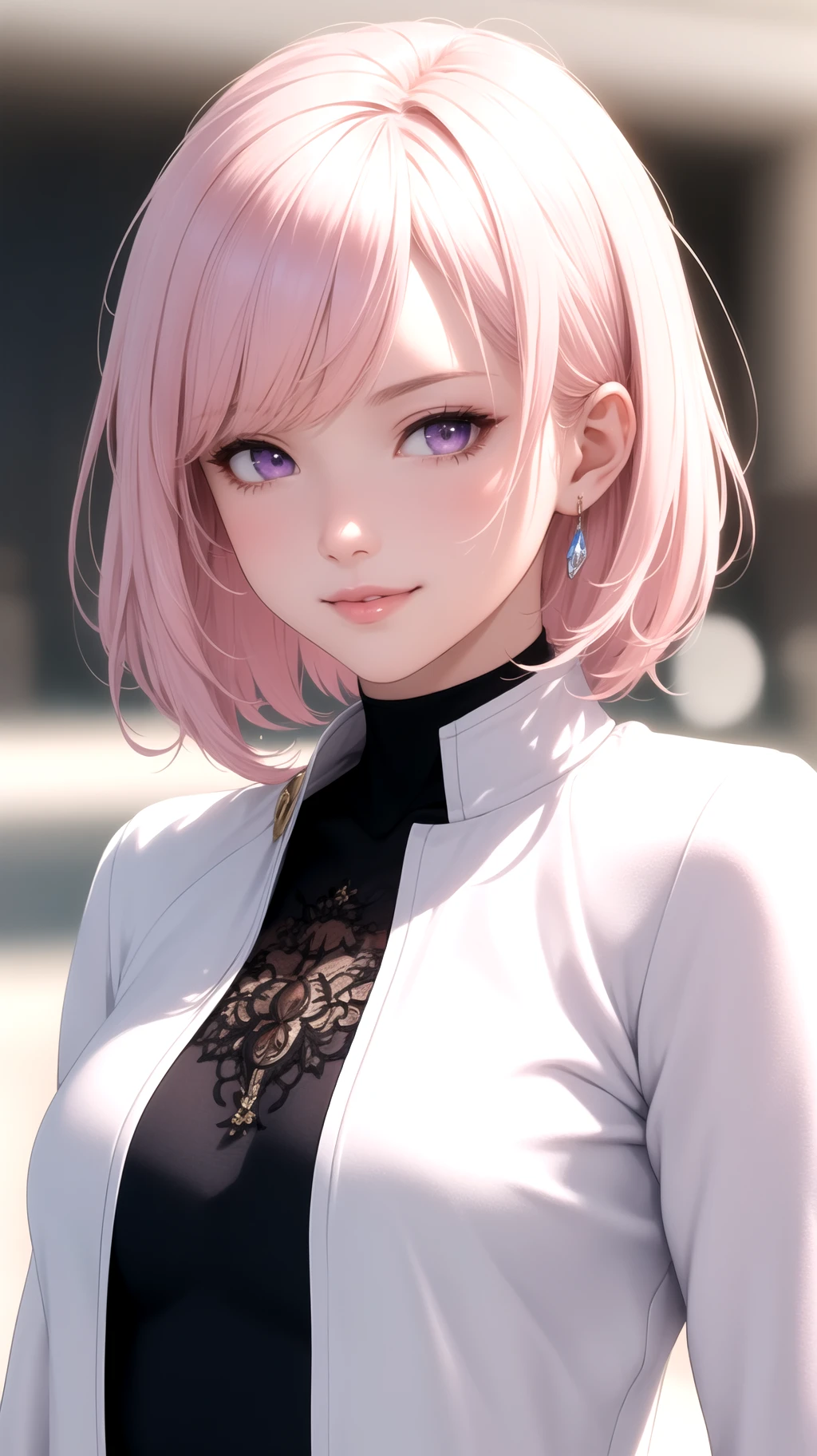 (masterpiece, best quality), intricate details, thin, ((slim)), beautiful girl, Light pink hair, white skin, light purple eyes, sharp jawline, cropped jacket, messy hair, lips, upper body, close up, smirk