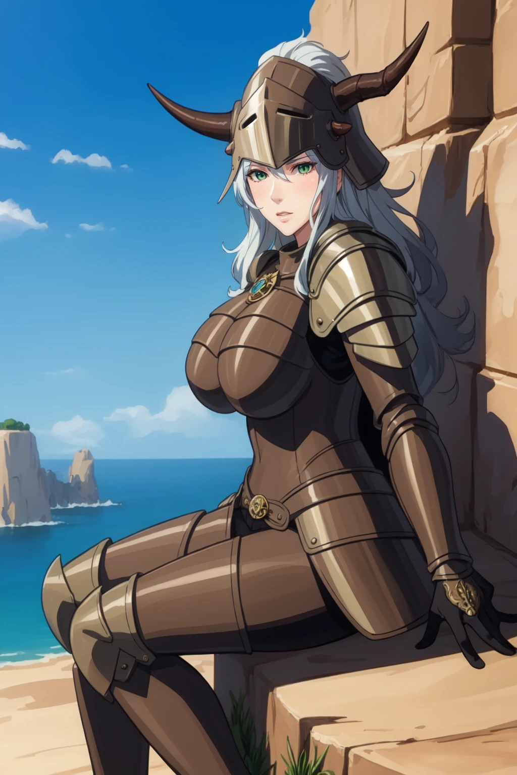 (high quality:1.2), intricate detailed,
VanessaCromwell, 1girl, mature female, solo, sitting on rock, (holding sword:1.1),
looking at viewer, determined,
white hair, long hair, green eyes,
armor, breastplate, shoulder armor, bodysuit, horned helmet, gloves, armored boots,
large breasts,
outdoors, sky, cliff, rocks,
<lora:VanessaCromwell:0.9>