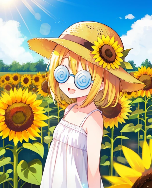 <lora:binzokomegane:1> 1girl, solo, ((coke-bottle_glasses:1.2)), sunflower field, summer, sunlight, 1girl, :D, portrait, upper_body, white sundress, looking at viewer, arms behind back, wind