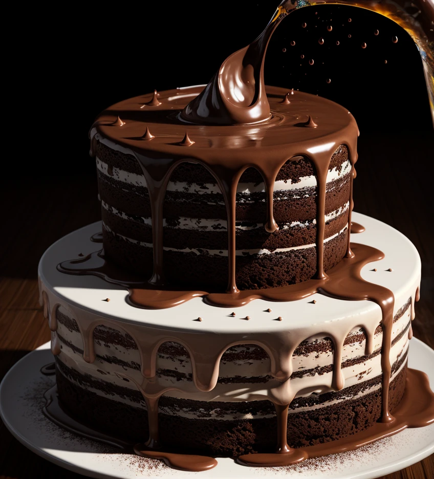 cake, chocolate, liquid splashes, merging, melting, splashing, droplets, mixing, fading away, exploding, swirling, intricate detail, modelshoot style, dreamlikeart, dramatic lighting. 8k, highly detailed, trending artstation