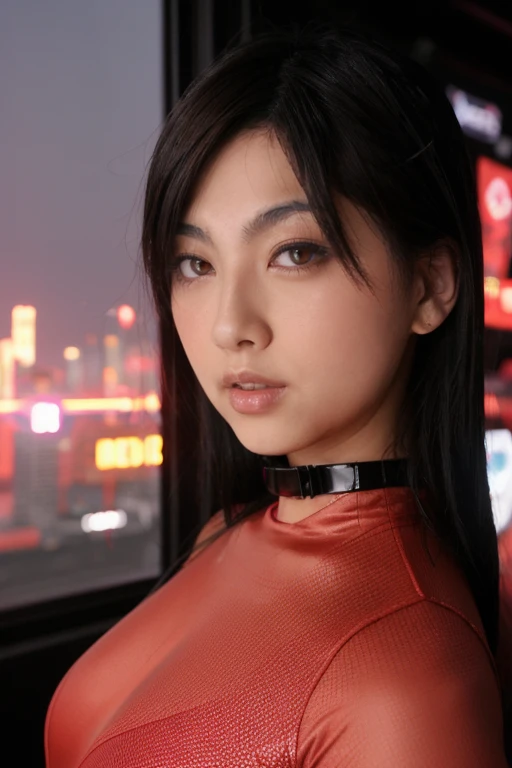 s40r1h,1girl, face closeup, red bodysuit. looking at viewer,cyberpunk, futuristic city in background <lora:s40r1h-000002:1>