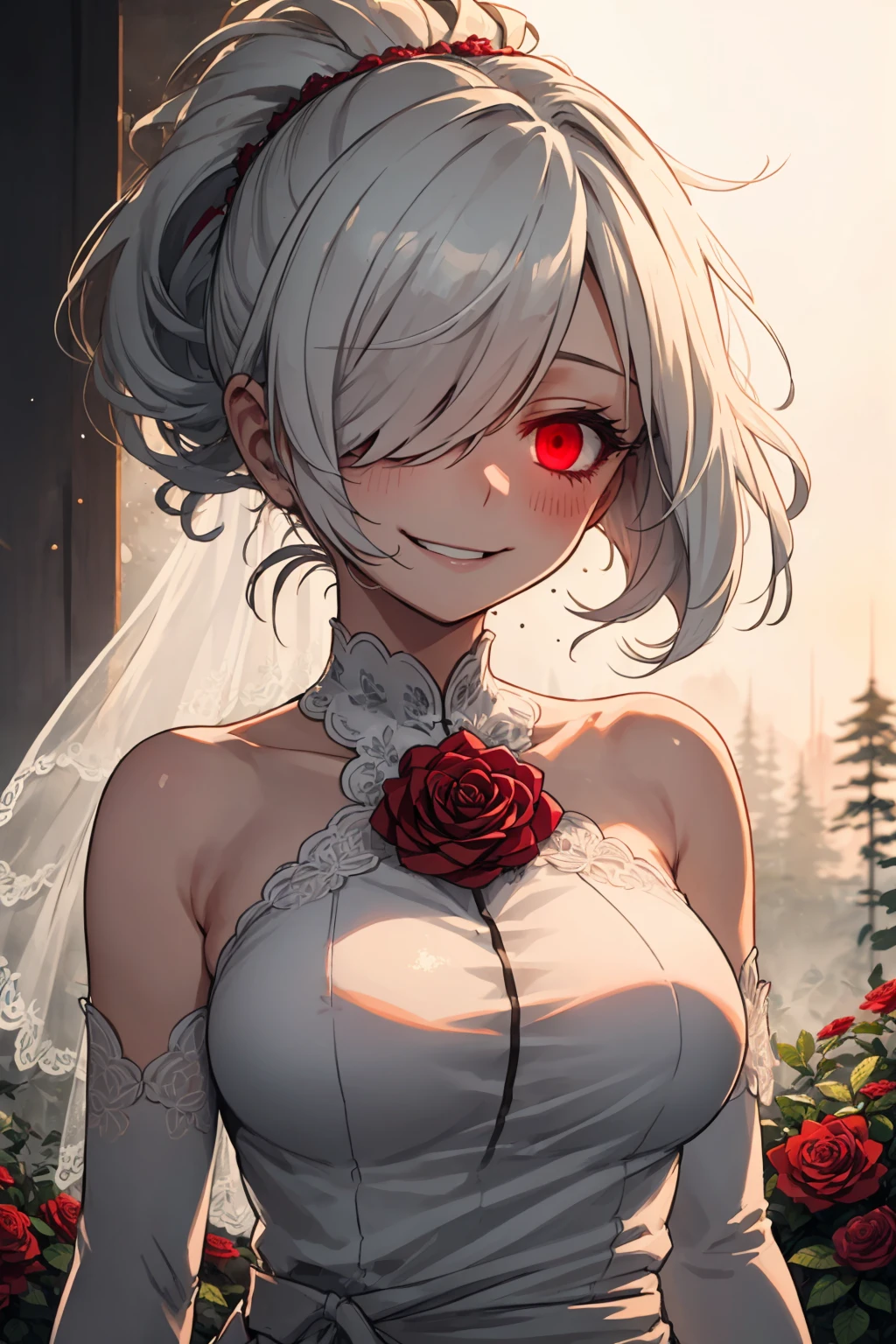 1girl, solo, detailed eyes, detailed iris, mature face, mature, detailed face, shining short hair, wild and messy hair, (hair over one eye:1.3), high ponytail, sidelocks, white hair, reddish pink eyes, (glowing eyes:1.3), blush, crazy smile, creepy smile, medium firm breast, white floral long wedding dress, white elbow gloves, rose garden scenery, morning, ink, (blurry background, blurry foreground, depth of field, ambient lighting:1.3), atmospheric, intricate details, cinematic lighting, dripping, traditional texture, leaf, scenery, swirling mist, (rainbow mist:1.2), ink, (sfw), <lora:Ink scenery:0.8>