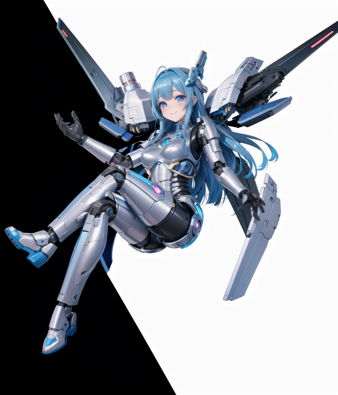 <lora:Blue Robot Girl:0.65>, robot girl, (yuko(pixiv):1.4), android, mechanical wings, robot ears, blue hair, robot joints, beautiful face, blue pupils, metal skin, glowing armor, reflective sheen, polishing, titanium, flying, rocket boots, legs crossed, translucency, In the best illumination, this official art captures the moment when the elegant extraterrestrial robot girl is smiling confidently. Robot girl is hovering by rocket booster loaded in her mechanical boots.