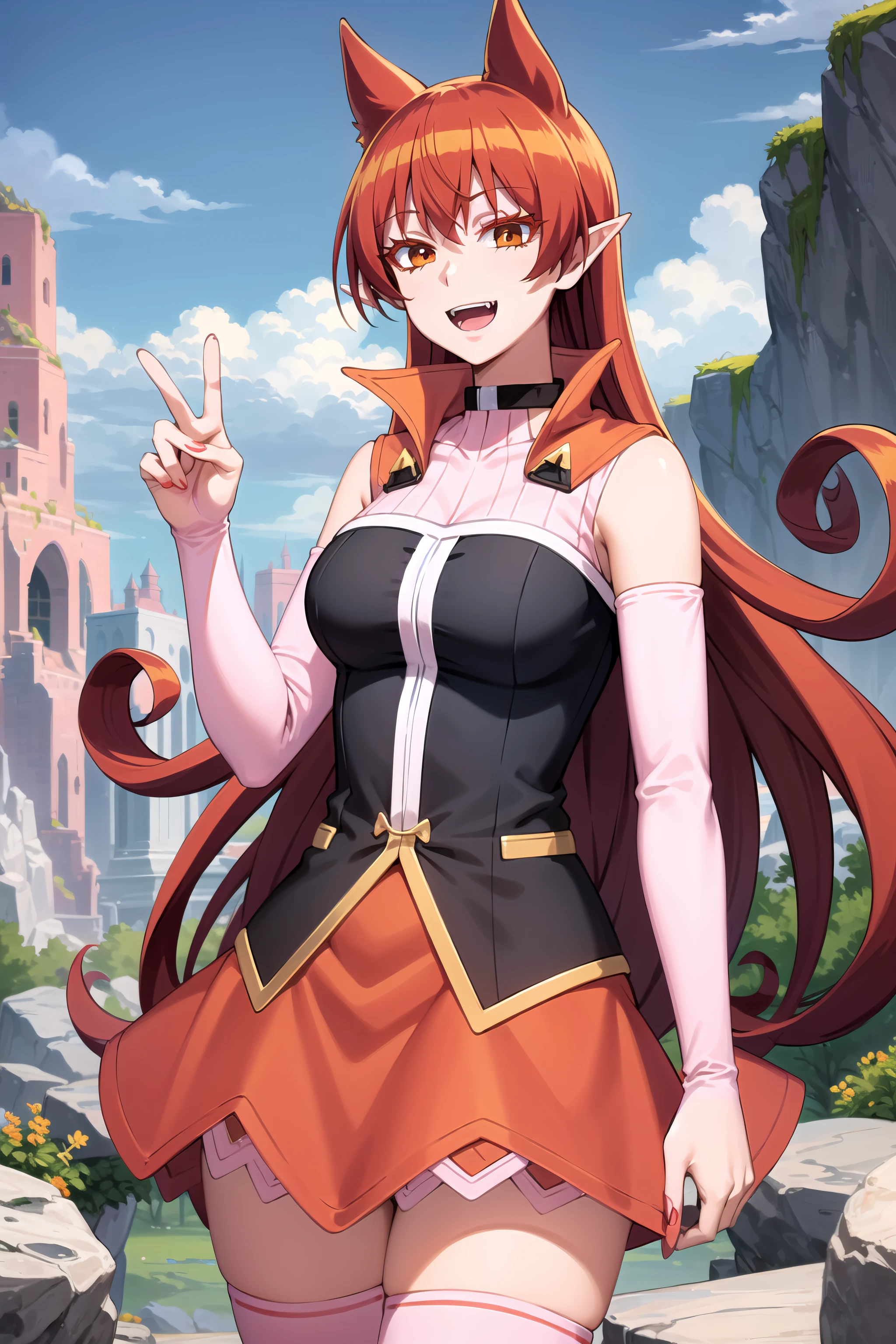 best quality, masterpiece, detailed,
<lora:MairimashitaIrumaKun_AzazelAmeri:0.8>, AzazelAmeri,
smile, open mouth, happy, fangs,
red hair, long hair, curly hair, orange eyes, pointy ears, animal ears,
AmeriStudentCouncilDress, black collar, orange skirt, detached sleeves, pink thighhighs,
standing, looking at the viewer,
outdoors, stone, cave