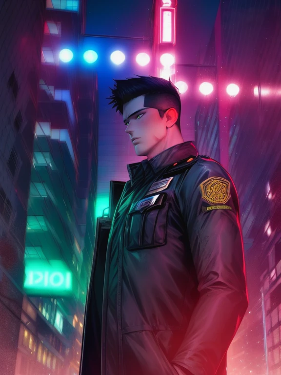 <lora:kuiyuan-3:1>,1boy,kuiyuan,green eyes,masterpiece,best quality,police_uniform,Bustling city,dusk,glowing neon lights,<lora:ï¼æ´æç»ç»æï¼Oil_painting:0.3>,<lora:ï¼ç»èè°æ´ï¼more_details:0.3>,