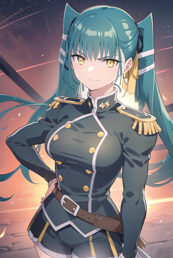 yachihoazuma, <lora:yachiho azuma manga-lora-nochekaiser:1>,
yachiho azuma, long hair, twintails, hair ribbon, (aqua hair:1.5), (yellow eyes:1.5), smile, smirk,
BREAK thighhighs, gloves, jewelry, earrings, boots, shorts, belt, uniform, military, military uniform, thigh boots, epaulettes, black military uniform,
BREAK outdoors, space, starry sky, star \(sky\), moon,
BREAK looking at viewer, (cowboy shot:1.5),
BREAK <lyco:GoodHands-beta2:1>, (masterpiece:1.2), best quality, high resolution, unity 8k wallpaper, (illustration:0.8), (beautiful detailed eyes:1.6), extremely detailed face, perfect lighting, extremely detailed CG, (perfect hands, perfect anatomy),