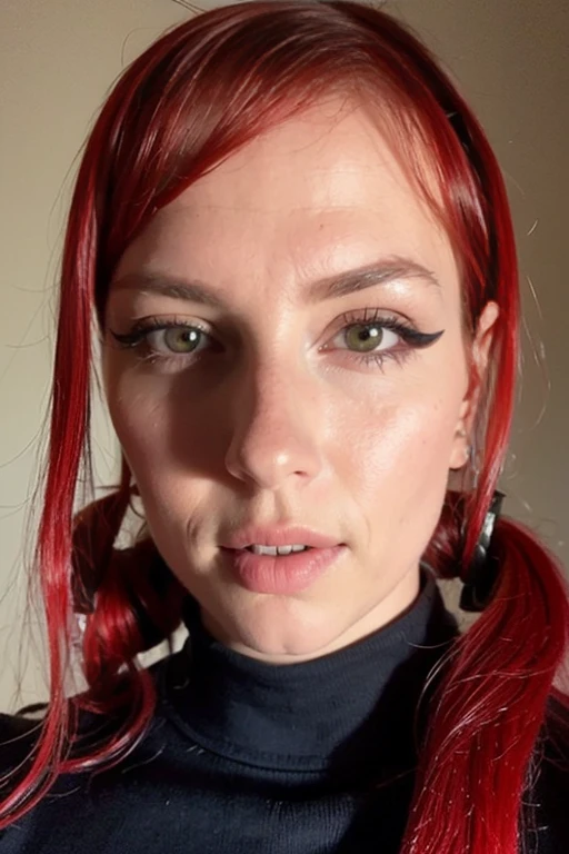 RAW photo, close up photograph of a sks woman, slim fit body, eyeliner, (small boops:1.1), red hair, (detailed facial features), cyberpunk, night, spectacular lightning, (high detailed skin:1.2), cleavage, ((detailed face, detailed skin)), low angle