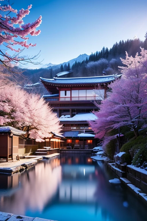 ltra-detailed,highly detailed,best quality,masterpiece,illustration,realistic,
wqmy, no humans, scenery, sky, tree, outdoors, water, east asian architecture, day, architecture, blue sky, house, building, onsen, cherry blossoms, rock, snow, steam, river, bare tree, bridge, reflection, shrine, winter, pond, plant,
<lora:wqmy_v1_03:0.7>