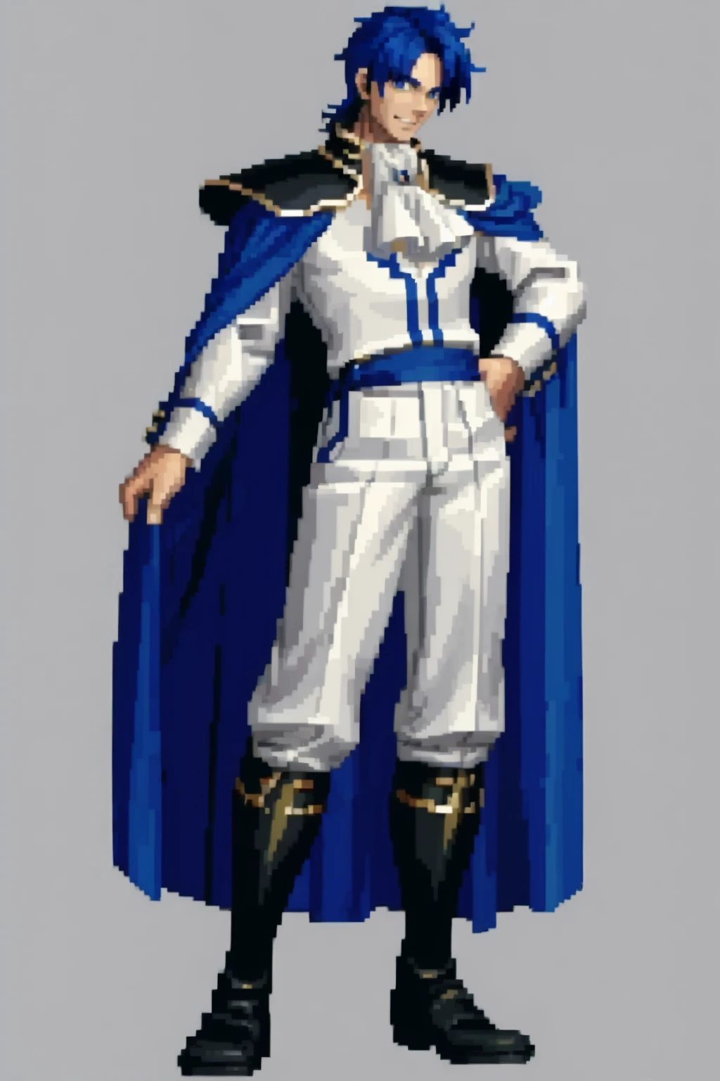 masterpiece, best quality, solo, 1boy, looking at viewer, smile, <lora:Sigurd_Fp:1>, sigurdfe, armor, white pants, ascot, blue cape, boots, <lora:SNK-Kof_sprites_Fp:0.8>, (full body), standing,