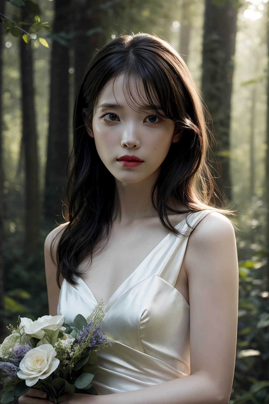 (realistic), (hyperrealism),best quality, masterpiece,ultra high res, (photorealistic:1.4),1girl,pale skin,skinny,(looking at viewer), <lora:add_detail:0.6>,forest, sun ray, flowers,
<lora:makina69_iu_v2.0:0.9> , tattered wedding dress , cowboy shot