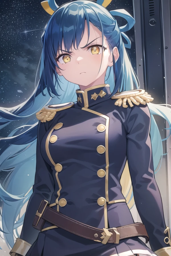 himariazuma, <lora:himari azuma manga-lora-nochekaiser:1>,
himari azuma, long hair, hair rings, (blue hair:1.5), (yellow eyes:1.5), frown, angry,
BREAK skirt, thighhighs, epaulettes, military, military uniform, black uniform,
BREAK outdoors, space, starry sky, star \(sky\), moon,
BREAK looking at viewer, (cowboy shot:1.5),
BREAK <lyco:GoodHands-beta2:1>, (masterpiece:1.2), best quality, high resolution, unity 8k wallpaper, (illustration:0.8), (beautiful detailed eyes:1.6), extremely detailed face, perfect lighting, extremely detailed CG, (perfect hands, perfect anatomy),