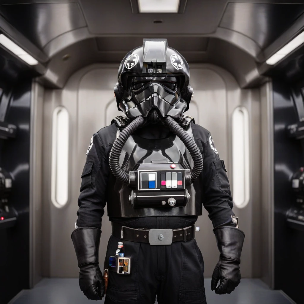 a cinematic film portrait still of a Tie Pilot wearing their helmet, in a sci-fi ship, full body shot <lora:Imperial_Tie_Pilots:0.75>. shallow depth of field, vignette, highly detailed, high budget Hollywood movie by baz luhrmann, bokeh, cinemascope, moody, epic, gorgeous, film grain, grainy