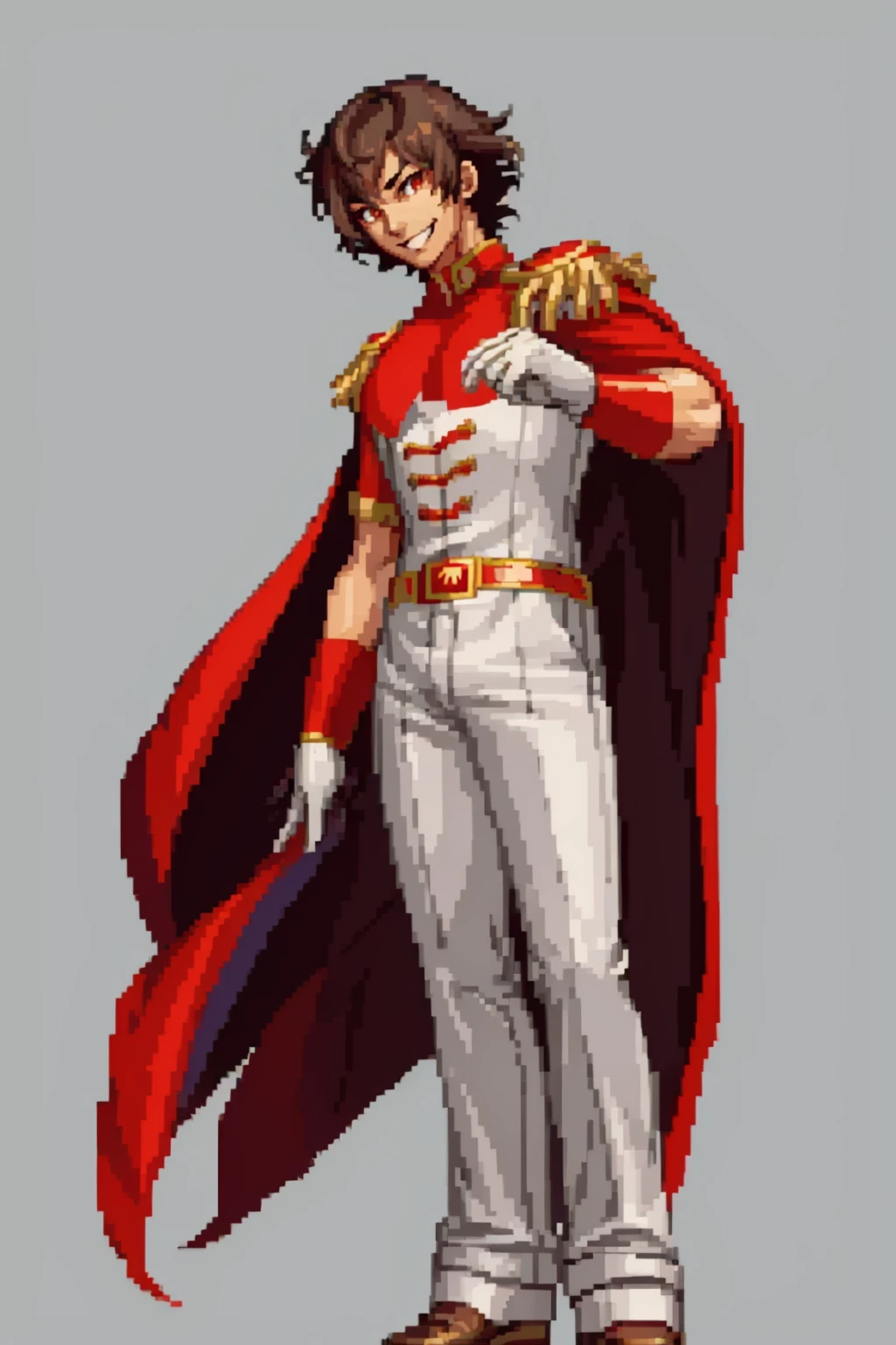 masterpiece, best quality, solo, 1boy, looking at viewer, smile, <lora:Akechi_Fp:1>, akechicrow, uniform, epaulettes, gloves, white pants, red cape, <lora:SNK-Kof_sprites_Fp:0.8>, simple background, full body, standing,