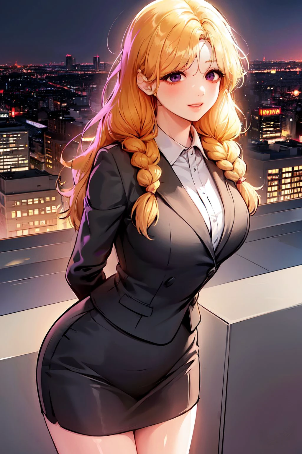 bada, 1girl, solo, blonde hair, long hair, twin braids, business suit, suit, large breast, <lora:bada:1>, looking at viewer, smile, arms behind back, standing , cityscape