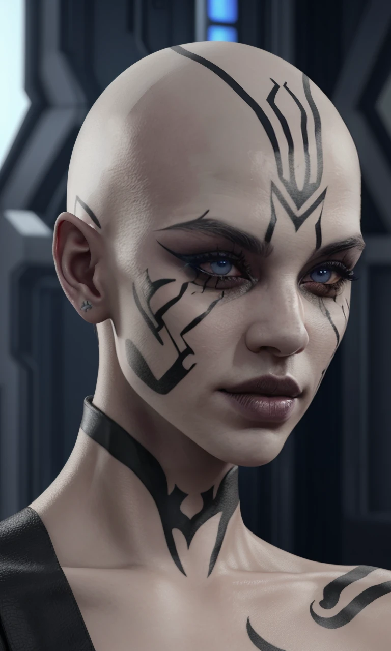 closeup, Rattataki2023,1 girl, face tattoo, bald, grey skin, mascara, full body, 8k, uhd, best quality, trending on arstation, photorealistic, masterpiece, raw image, skin pores, detailed skin, grey eyes, pale blue skin, tribal face markings, hook nose, evil emperor