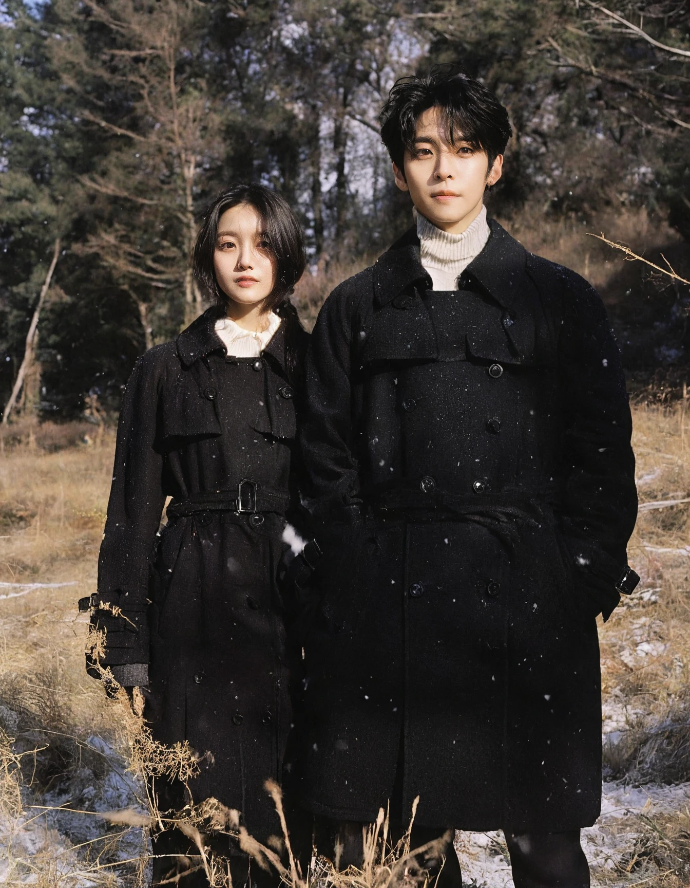 <lora:neg4all_bdsqlsz_xl_V7:1>,
a man and woman standing in the snow,black trench coat,movie still promotion,live-action adaptation,in a forest clearing,teen magazine cover,album photo,goblin,newspaper picture,