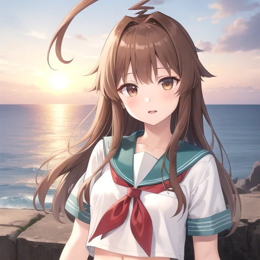 ((masterpiece)),(best quality),official art,extremely detailed CG,unity 8k wallpaper,ultra detailed,A lighthouse on a cliff by the sea,1girl,solo,upper body,(portrait:1.2),long_hair,brown_hair,white_shirt,white_shorts,brown_eyes,school_uniform,serafuku,huge_ahoge,sailor_collar,navel,neckerchief,midriff,looking_at_viewer,short_sleeves,<lora:Kuma(kan)>,