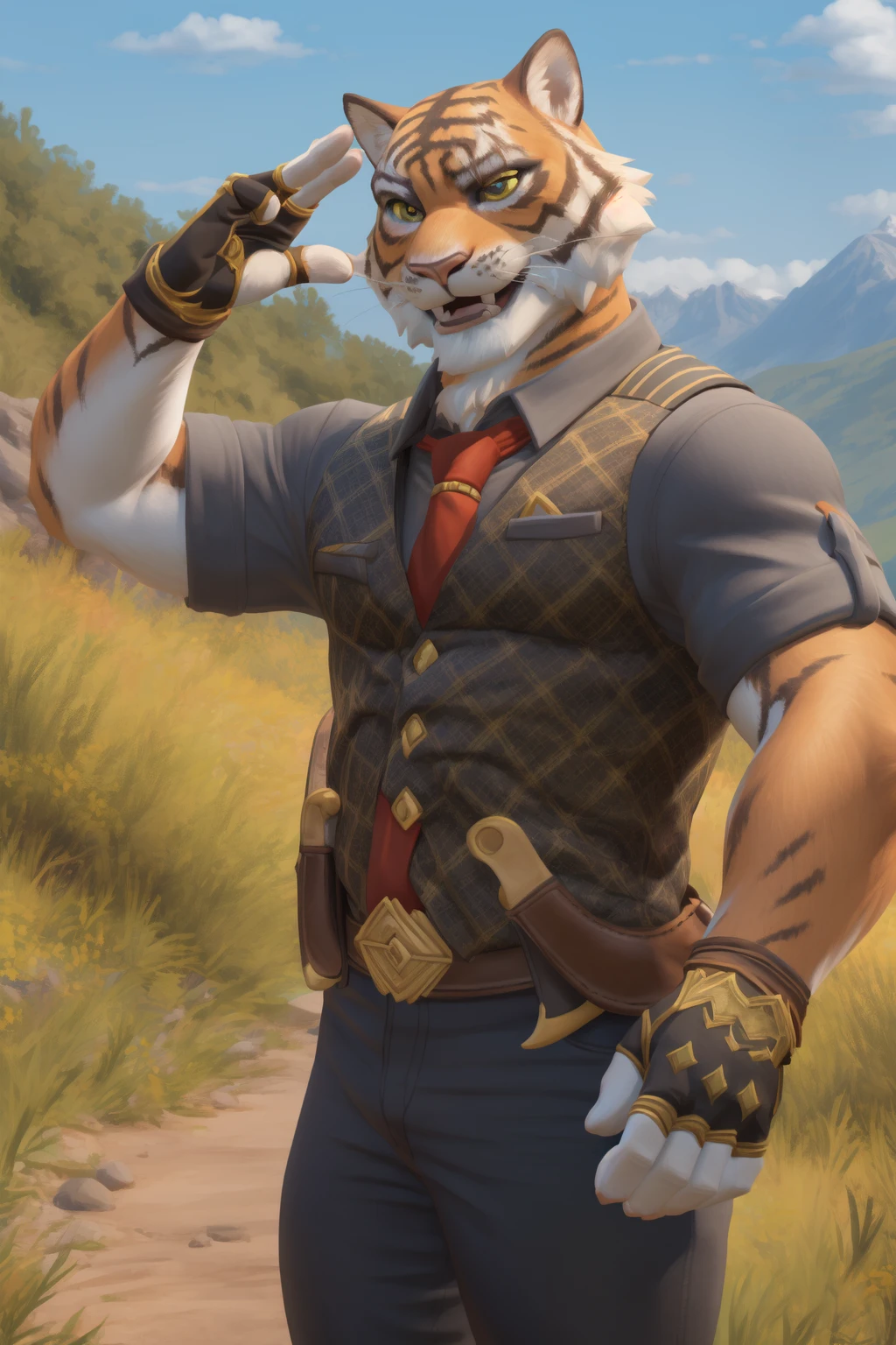<lora:oscarV2-06:1>, oscarfn, yellow eyes, (posing:1.3), (soft shading), 4k, hi res, five fingers, detailed hands, ((detailed face, (detailed eyes:1.5), detailed)), by zackarry911, by zaush, (by personalami:0.5), looking at viewer, short hair, open mouth, shirt, gloves, 1boy, male focus, thighs, cowboy shot, one eye closed, necktie, collared shirt, pants, fingerless gloves, feet out of frame, fangs, thick thighs, thick eyebrows, red necktie, sleeves rolled up, plump, orange necktie