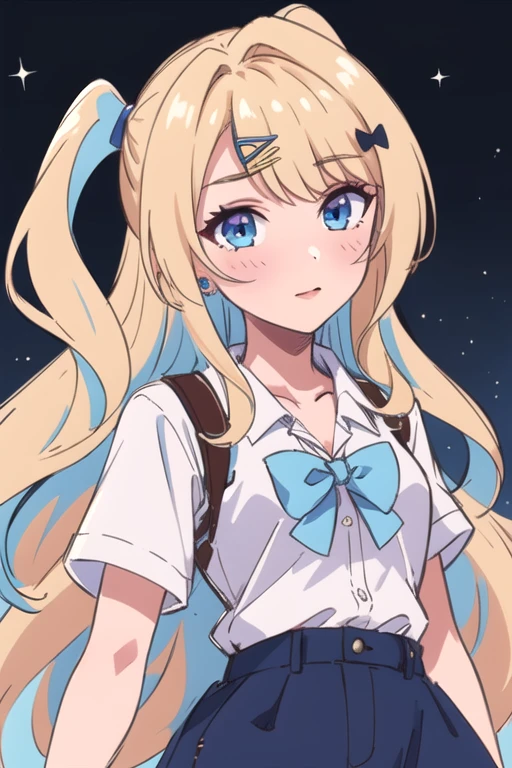 (best quality:1.1), (masterpiece:1.4), sketch, 1girl, solo, , , , , , <lora:runa_shirakawa:0.74>, runa_shirakawa, blonde hair, blue eyes, long hair, bangs, , hair ornament, , , hair bow, white shirt, one side up, , , sci-fi, 8k resolution