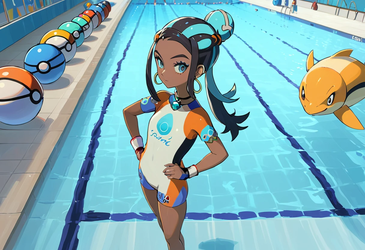 (masterpiece, best quality, ultra_detailed, highres, absurdres:1.2), <lora:nessa-xl-000023:1> nessa \(pokemon\), 1girl, standing, (slight smile:0.75), hair bun, hair ornament, hoop earrings, whistle around neck, (full body:1.4) colorful diving suit, hand on hip, in front of a swimming pool, indoor, pokemon aqua arena, milotic swimming