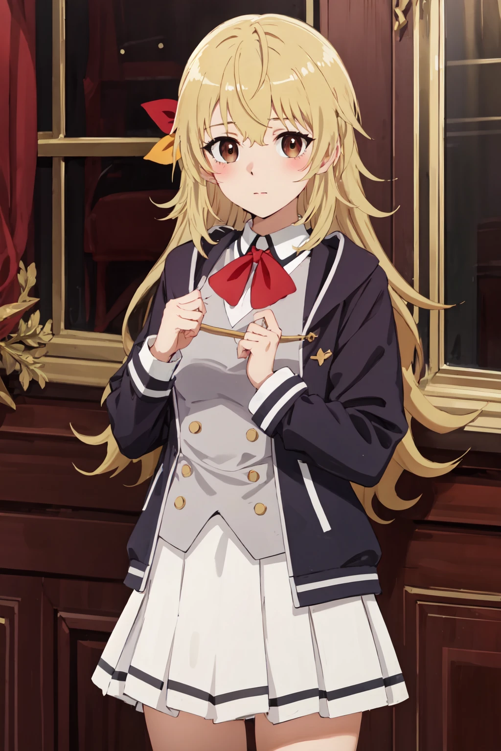 ((best quality, high quality, masterpiece, highres)), yifa, solo, 1girl, blush, school uniform, jacket, hair ribbon, red bowtie, white skirt, cowboy shot, looking at viewer, <lora:yifa:0.8>